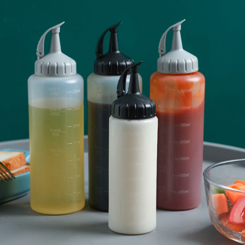 Kitchen Salad Dressing Press Squeeze Oil Bottle With Scale Plastic Seasoning Bottle Tip Mouth Jam Bottle Oil Pot