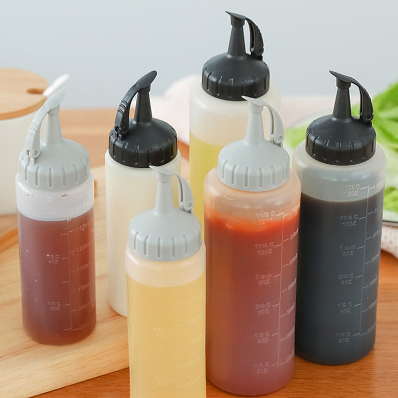Kitchen Salad Dressing Press Squeeze Oil Bottle With Scale Plastic Seasoning Bottle Tip Mouth Jam Bottle Oil Pot